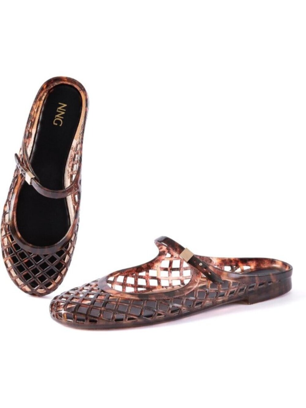 Women's Tortoise Mary Jane Jelly Mule Flat Adjustable Buckle Strap Sandals